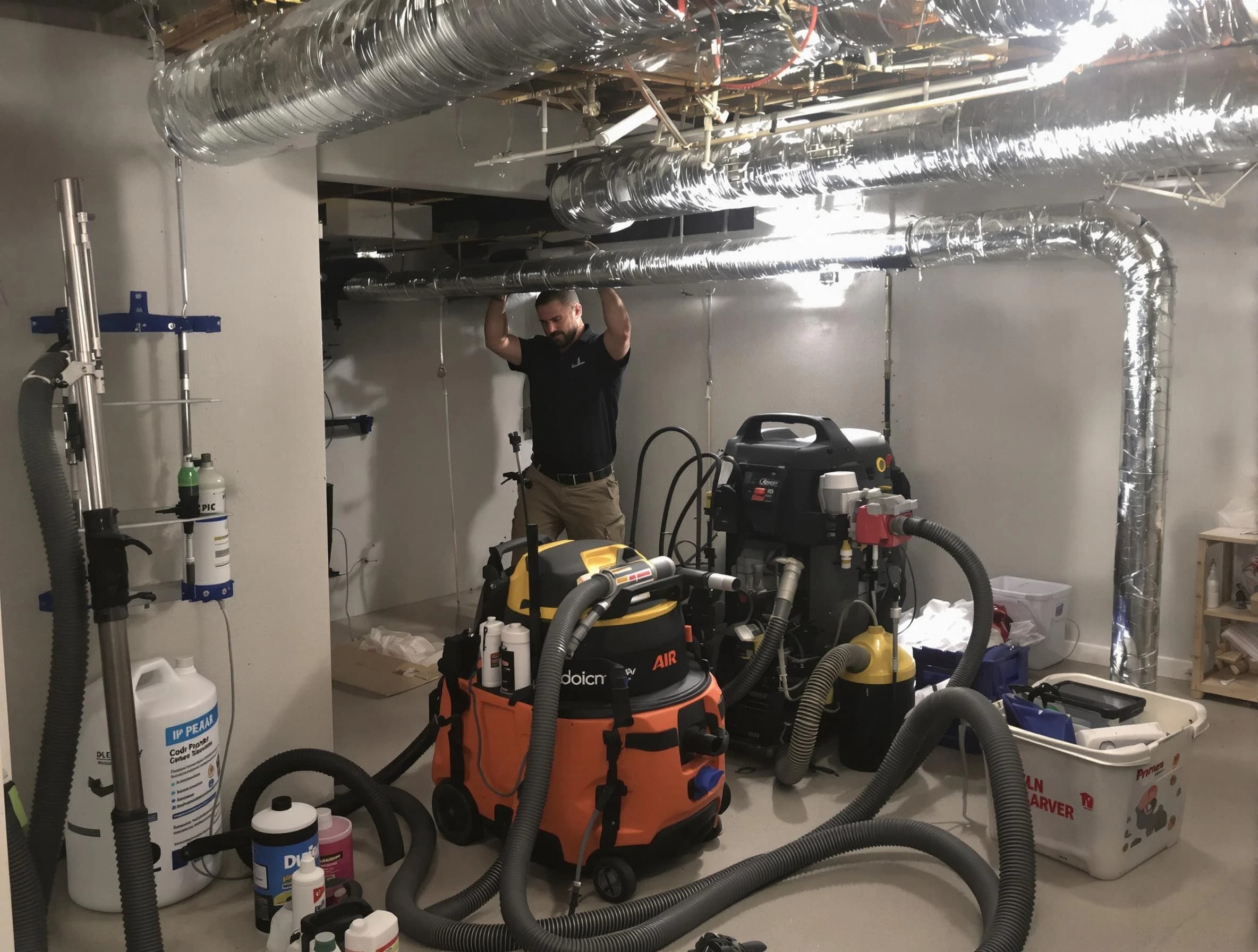 Senoia Air Duct Cleaning specialist performing professional mold removal from air ducts using safety equipment in Senoia